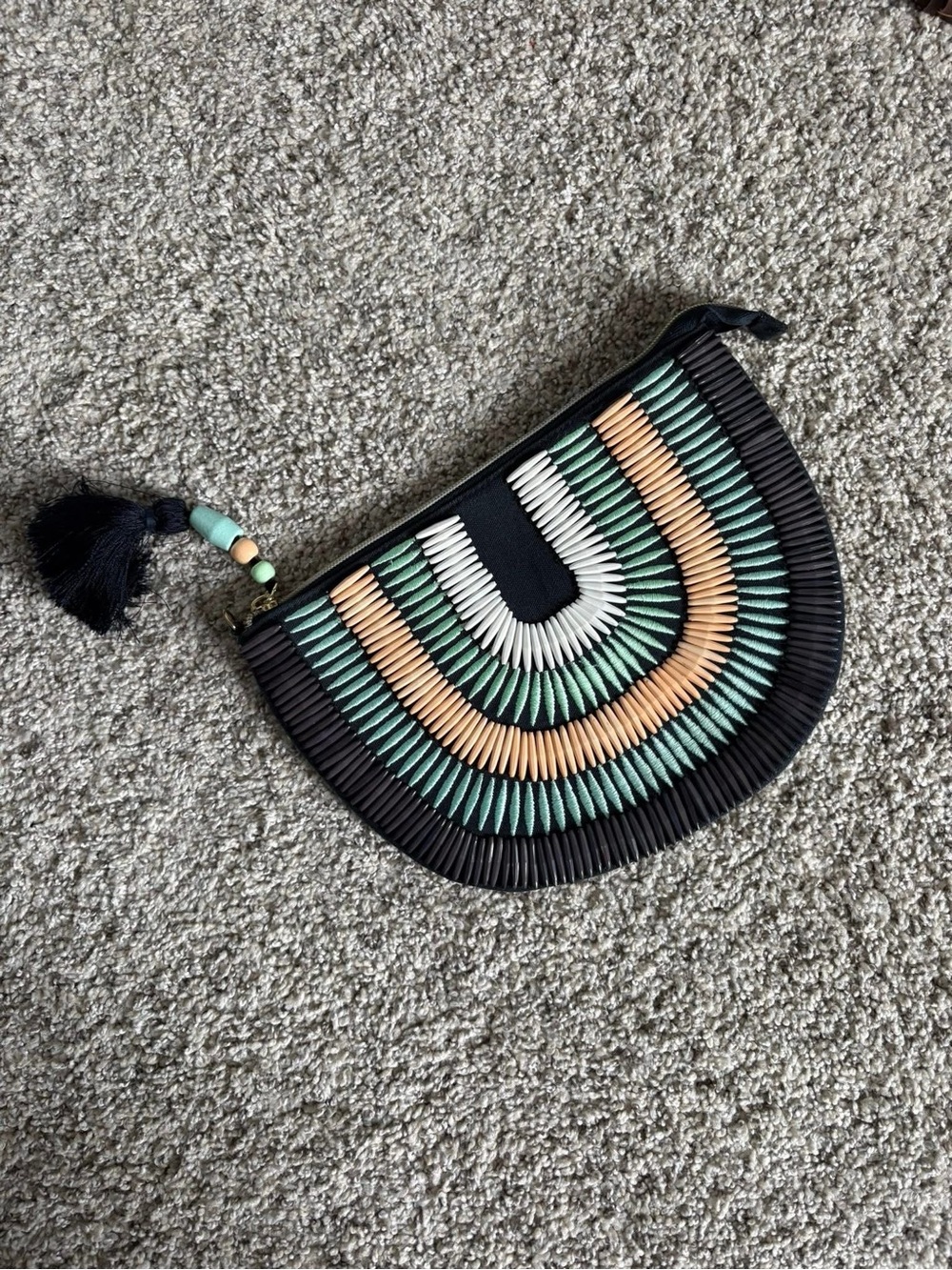 Beaded Semi-Circle Clutch in Black, Mint & Tan
